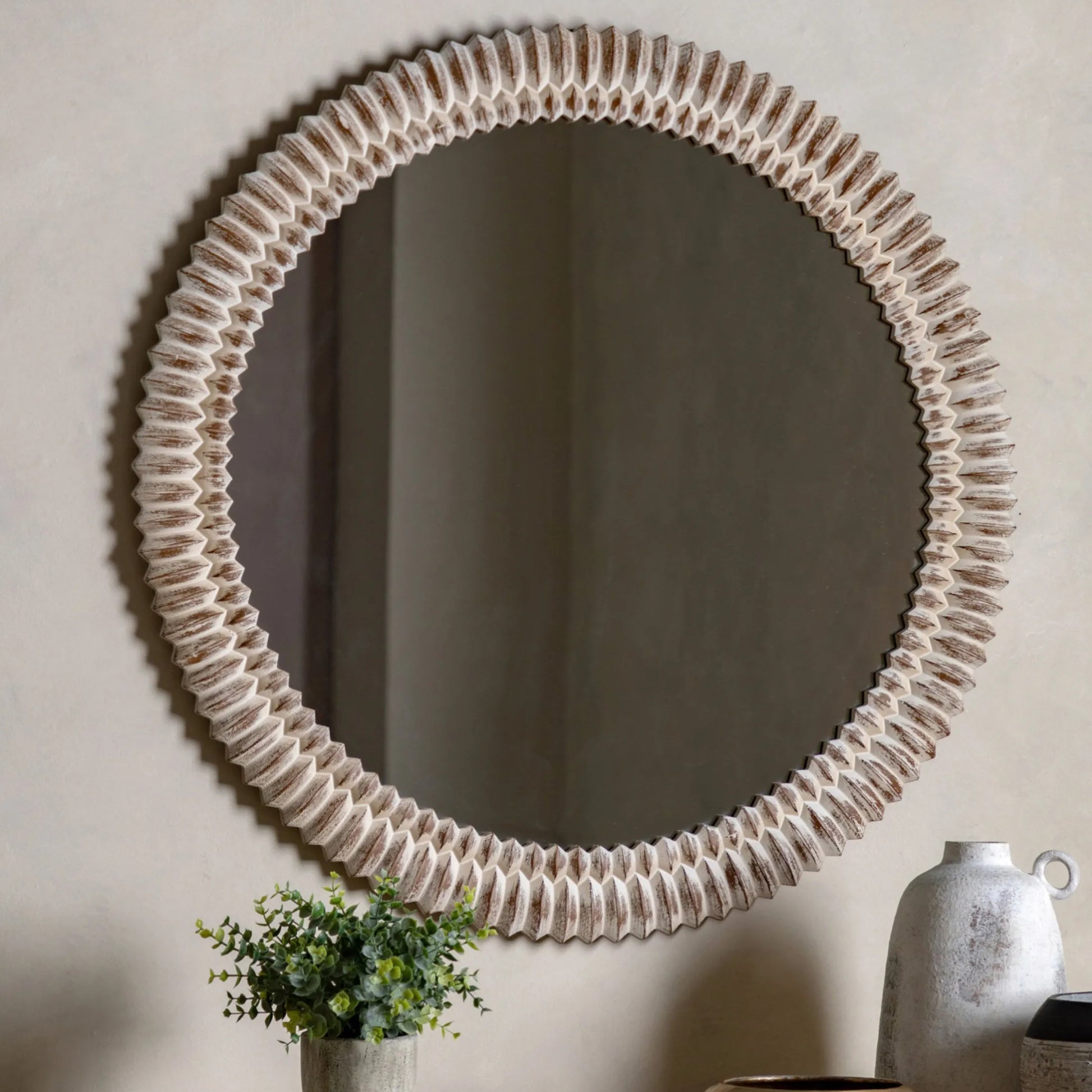 Distressed White Wash Ribbed Round Mirror