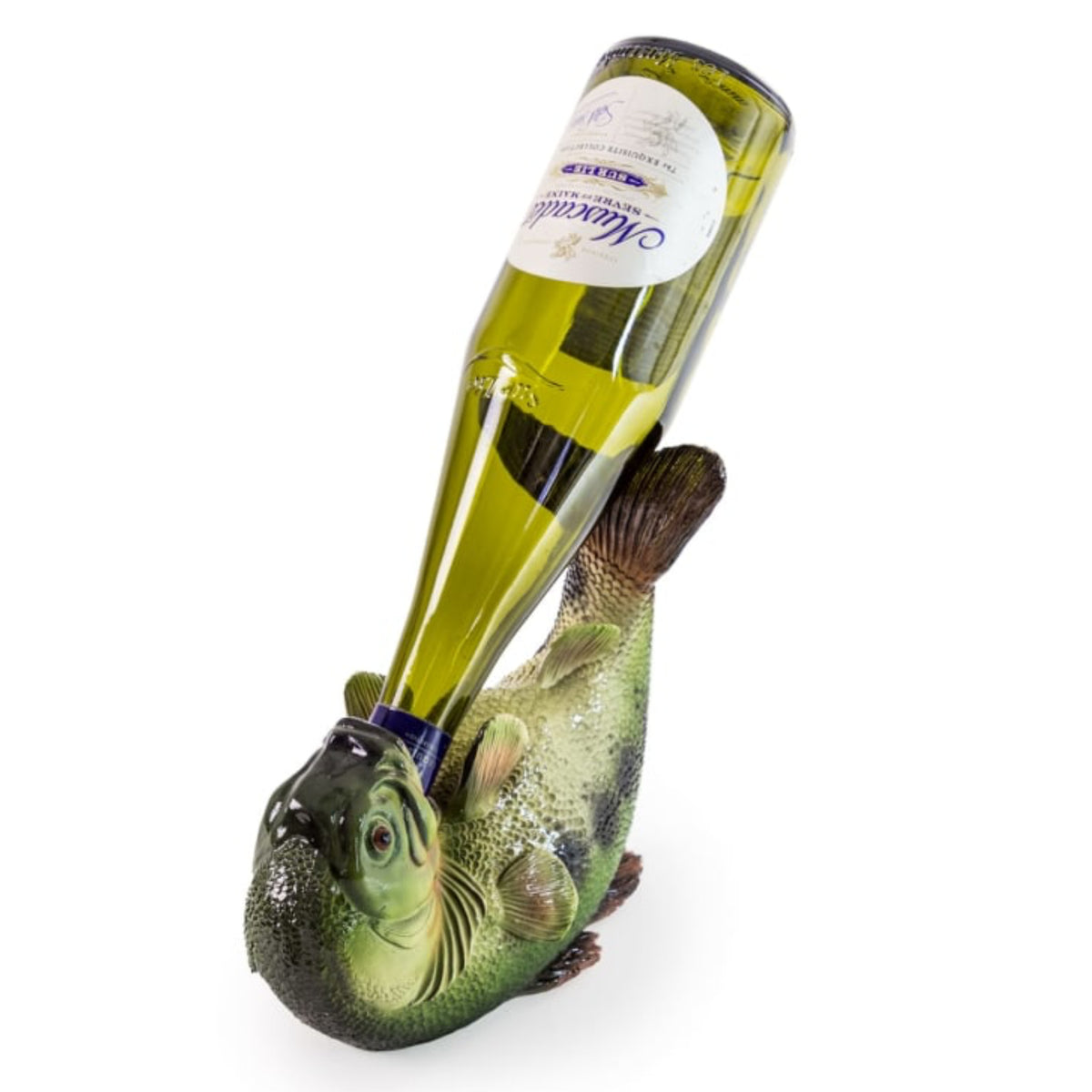 A novelty wine bottle holder shaped like a fish, holding a green glass wine bottle diagonally against a white background.
