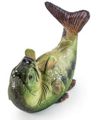 A realistic fish-shaped wall decor sculpture, resembling a largemouth bass, with a textured green and brown body, detailed scales, and a dark tail, shown on a plain white background.