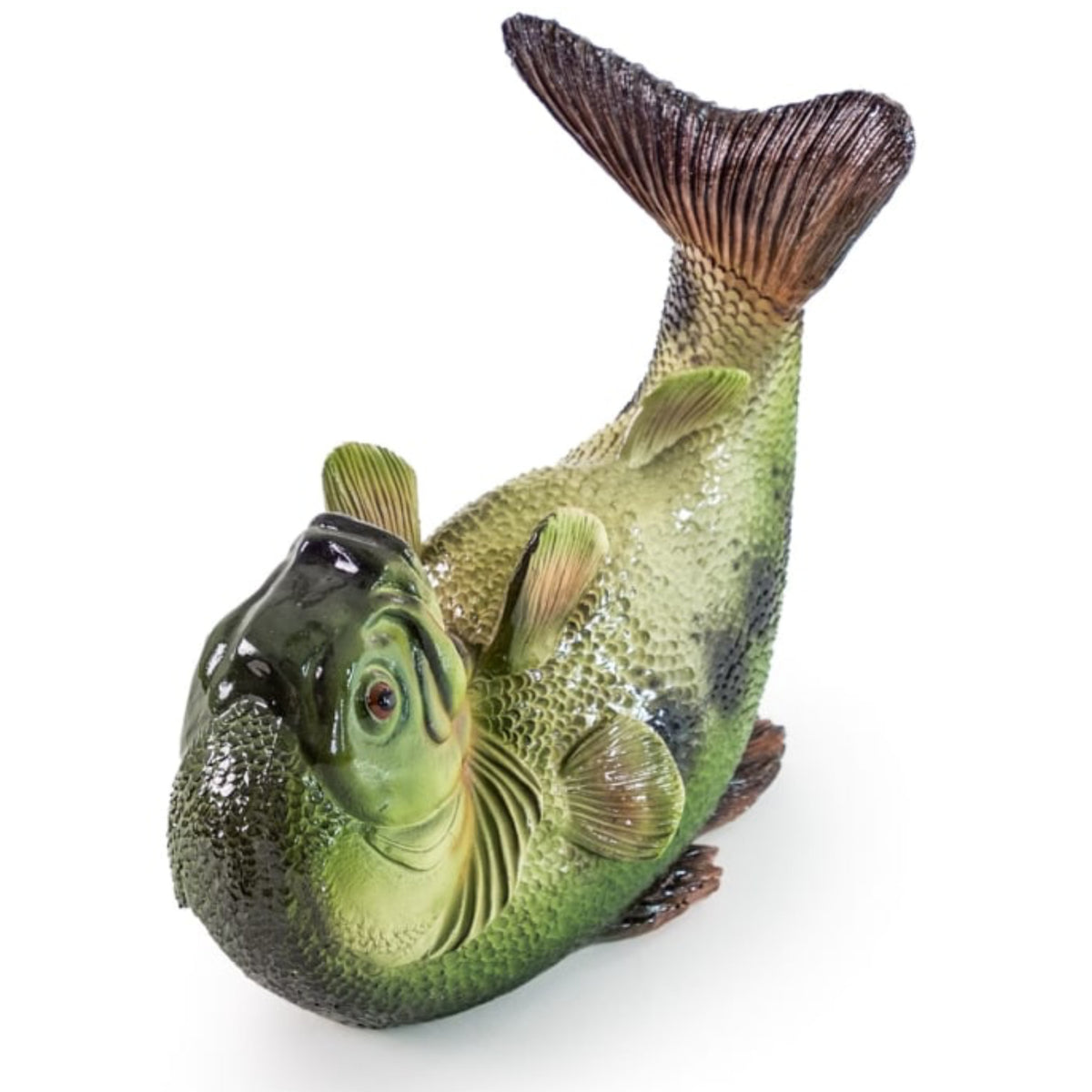 A realistic fish-shaped wall decor sculpture, resembling a largemouth bass, with a textured green and brown body, detailed scales, and a dark tail, shown on a plain white background.