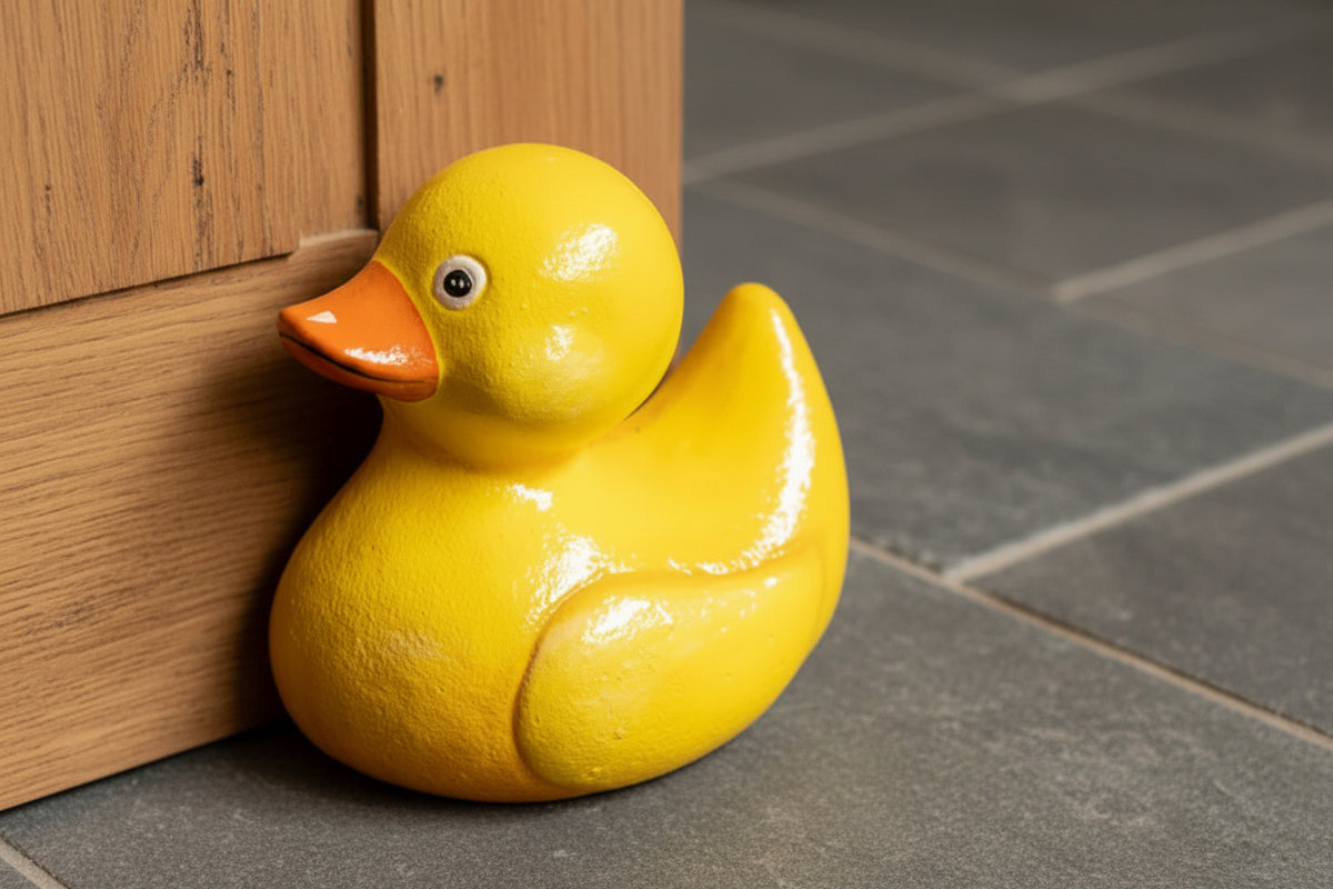 A glossy yellow rubber duck door stopper with an orange beak, resting against a dark gray cabinet on a wooden floor.