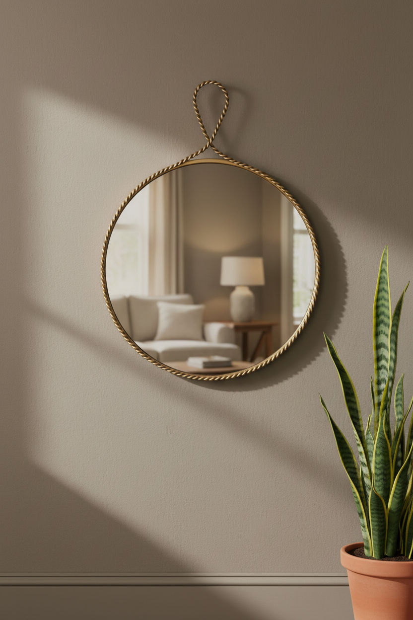 Round Gold Beaded Wall Mirror with Decorative Loop Top 5