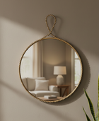 Round Gold Beaded Wall Mirror with Decorative Loop Top