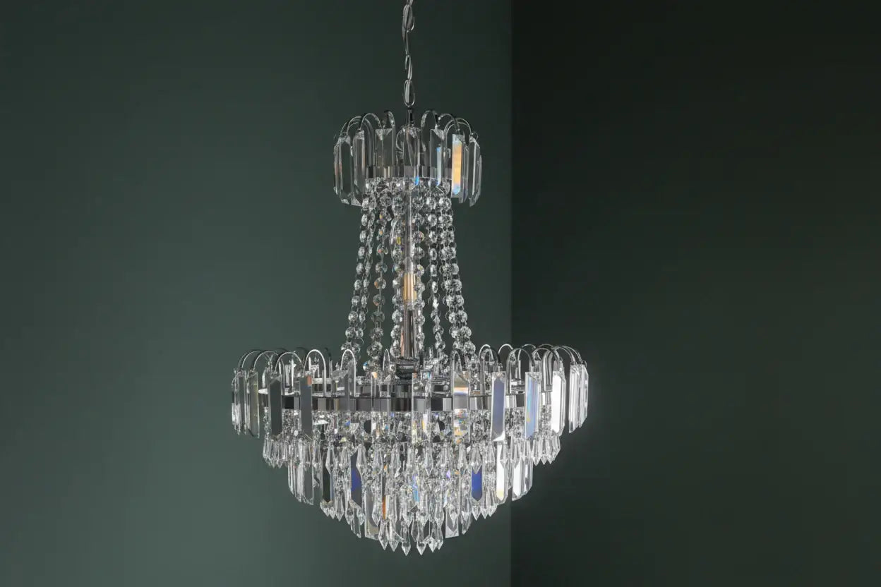 Crystal chandelier hanging against a dark paneled wall