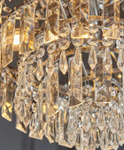 Close-up of a chandelier with crystal details on a dark background