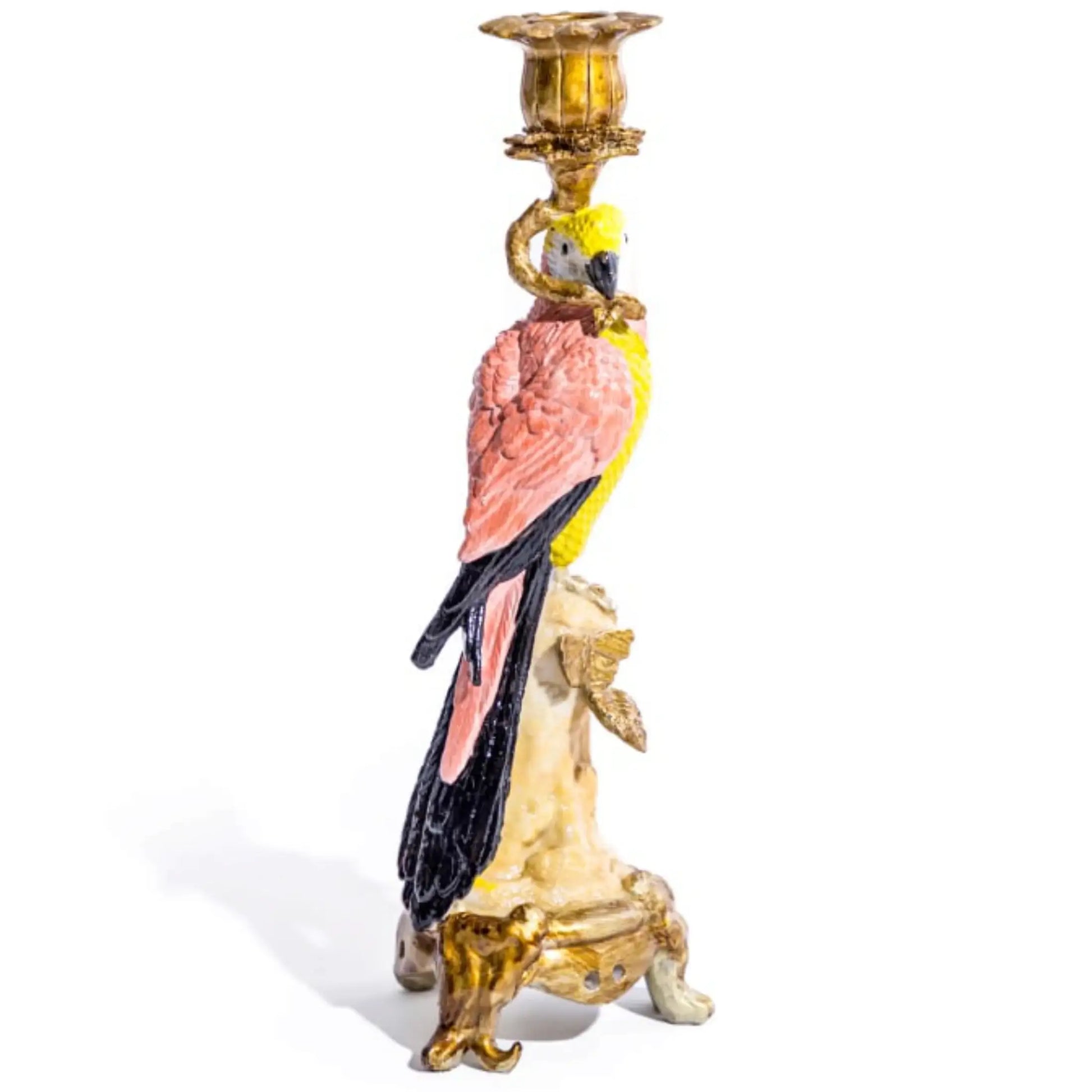 Decorative candle holder with a parrot design on a white background