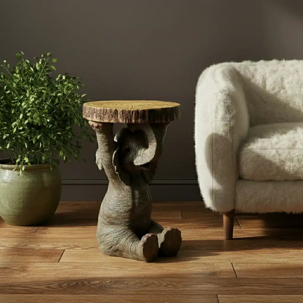 Wooden side table with natural finish next to a potted plant and a fluffy chair in a room.