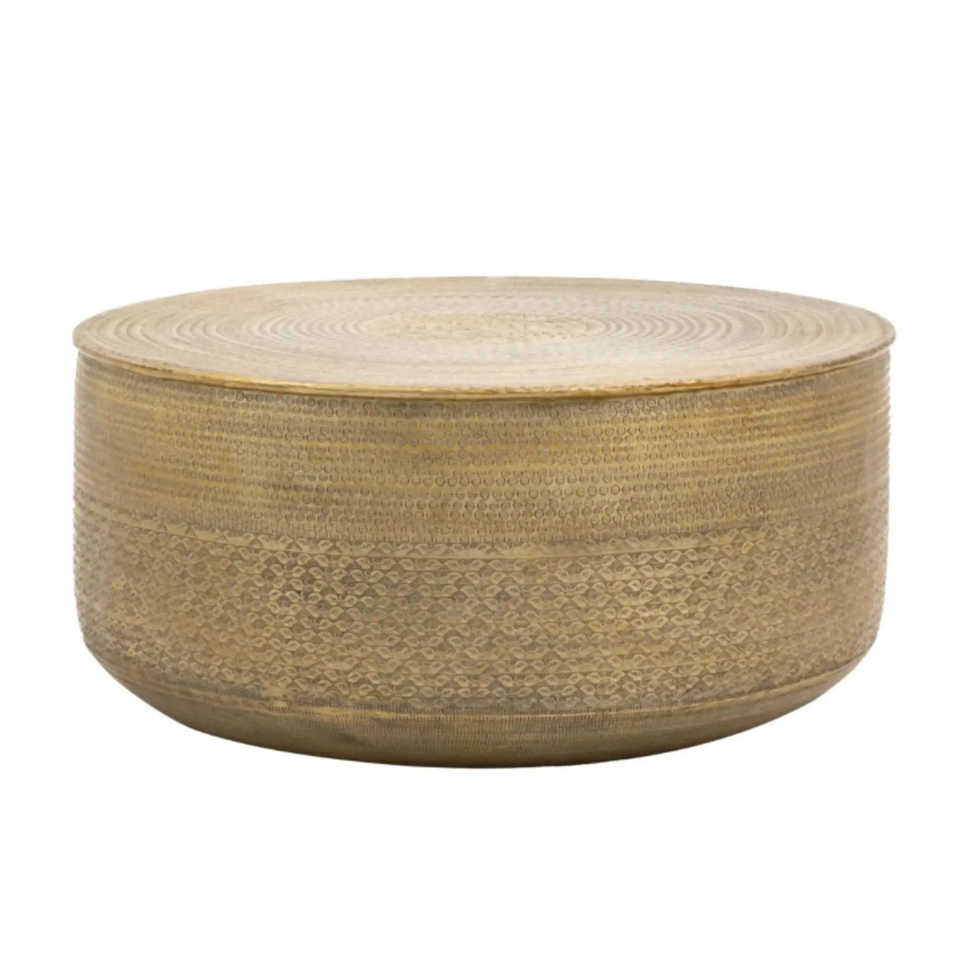 Round woven coffee table on a white background