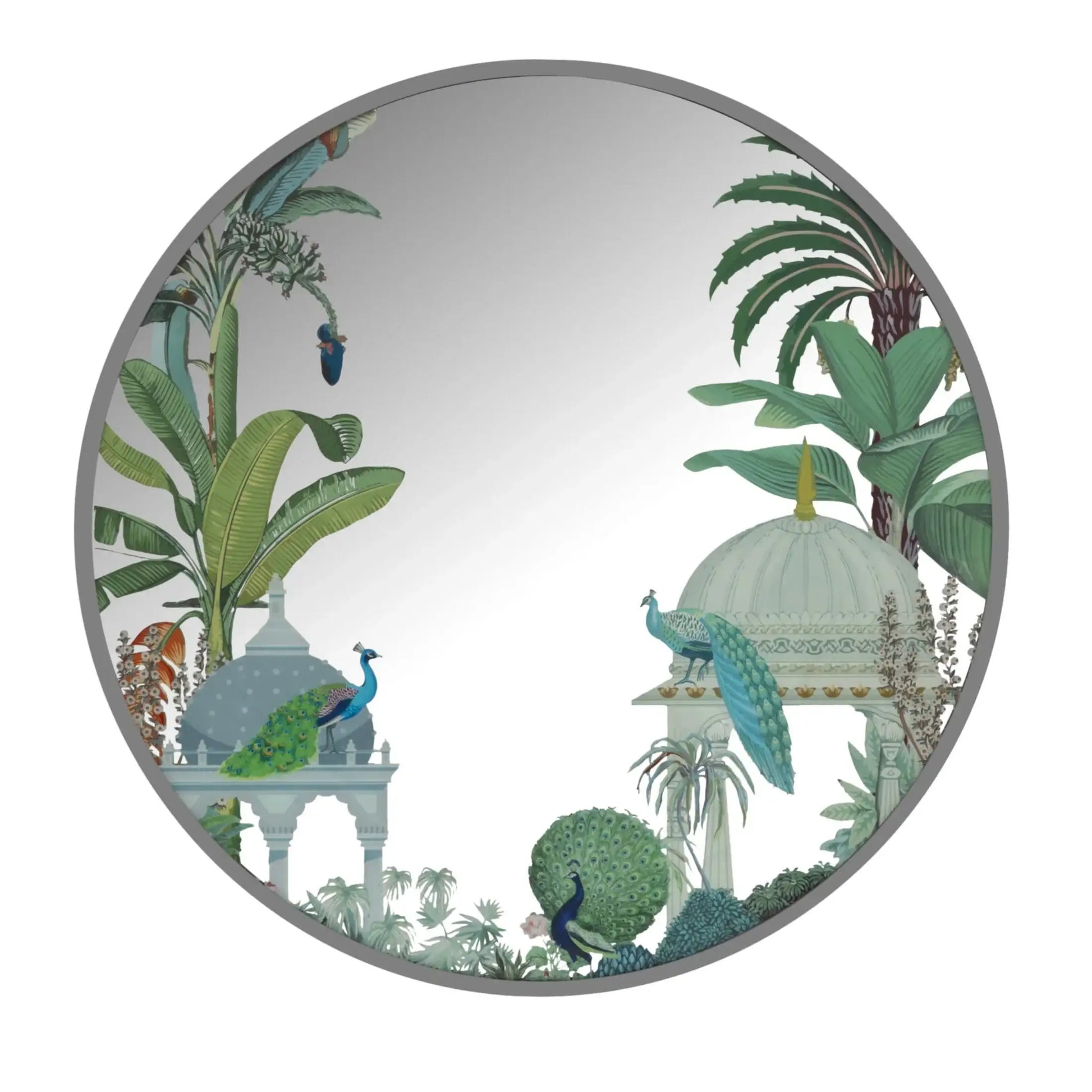 Decorative mirror with a tropical garden design featuring peacocks and foliage.