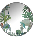 Decorative mirror with a tropical garden design featuring peacocks and foliage.