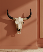 Bull skull mounted on a wall with a plant and window in the background