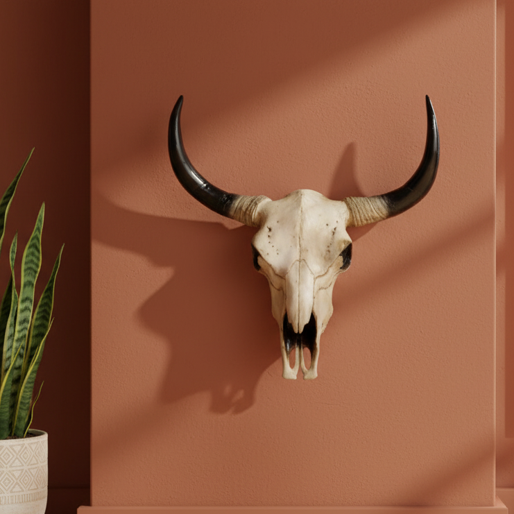 Bull skull with large horns on a brown wall next to a potted plant