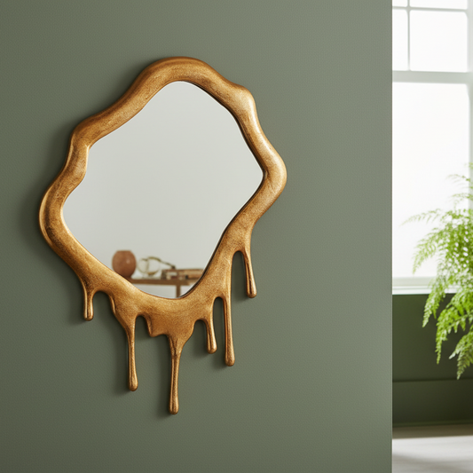 Wooden mirror with a unique design on a green wall next to a potted plant.