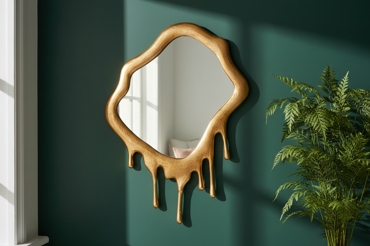 Decorative gold mirror on a green wall with a plant to the right