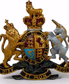 Coat of arms with lion, unicorn, and crown on a white background