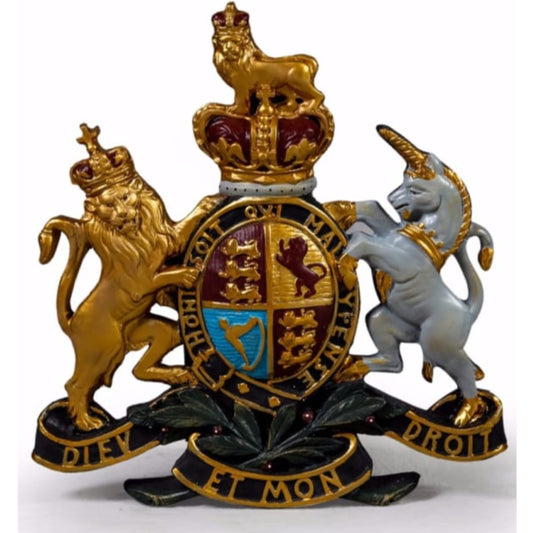 Coat of arms with lion, unicorn, and crown on a white background