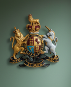 Coat of arms with lions, unicorn, and crown on a green background