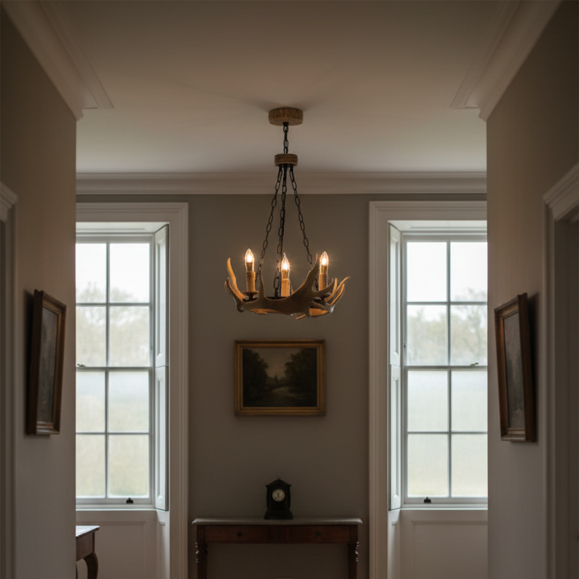 A rustic multi-light chandelier with candle-style bulbs hangs in the center of a hallway with herringbone wood floors, white walls, and two tall windows.