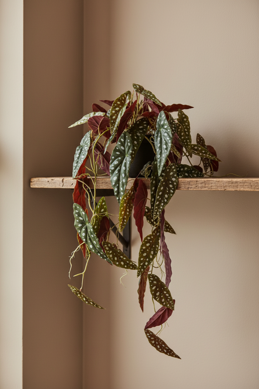 Potted plant with heart-shaped leaves on a wooden shelf against a beige wall.