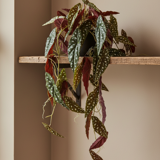 Hanging plant with green and red leaves on a wooden shelf against a neutral wall.