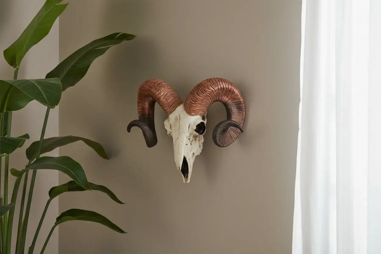 Decorative ram skull mounted on a wall with a plant and curtain in the background