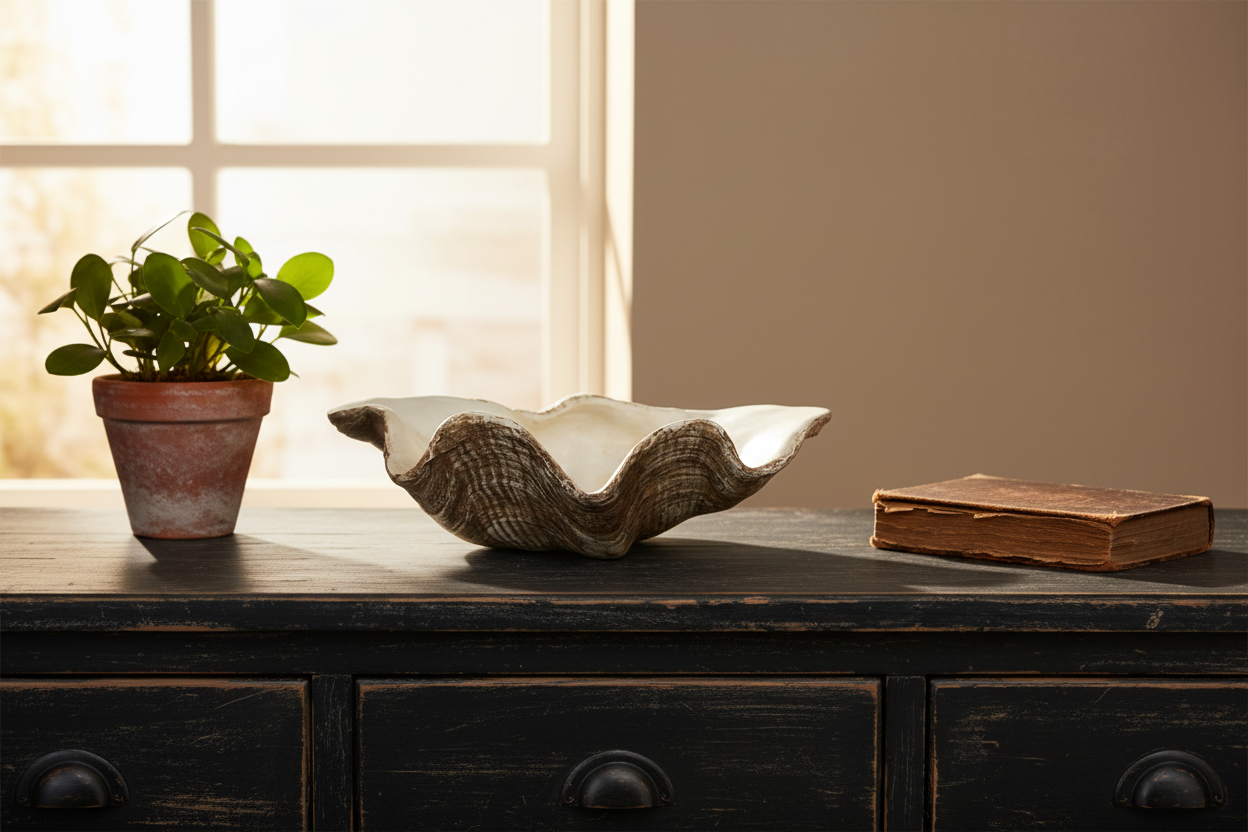 Decorative bowl on a wooden surface with a plant and book in the background