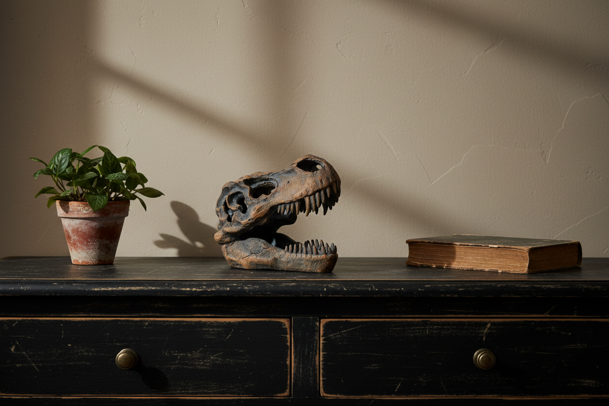 Dinosaur skull model, potted plant, and book on a wooden surface with a beige wall background