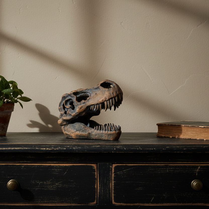 Dinosaur skeleton model on a wooden surface with a plant and book in the background