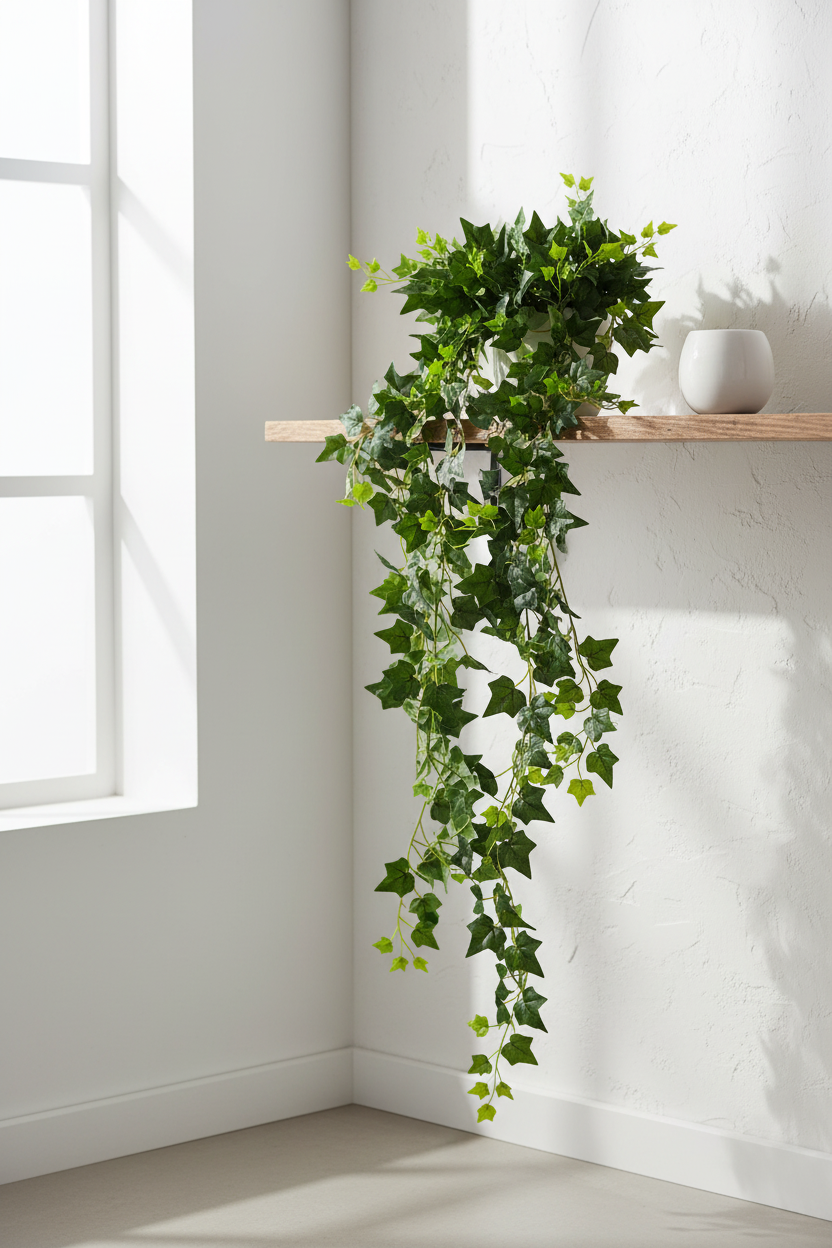 Artificial ivy plant hanging on a white wall with a window in the background