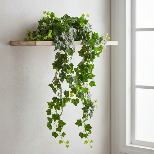 Artificial ivy plant on a wooden shelf against a white wall with a window.