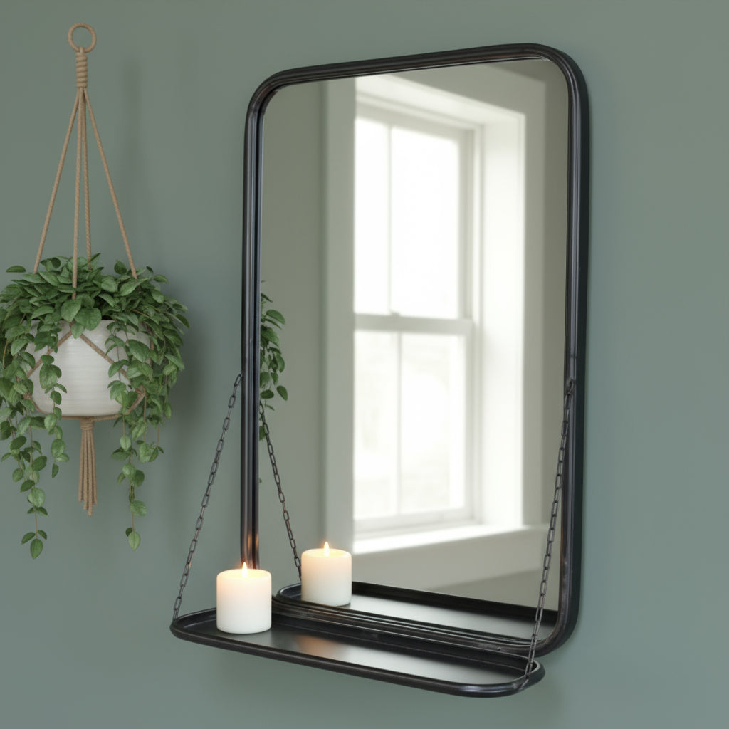 Decorative mirror with a shelf hanging against a brick wall.