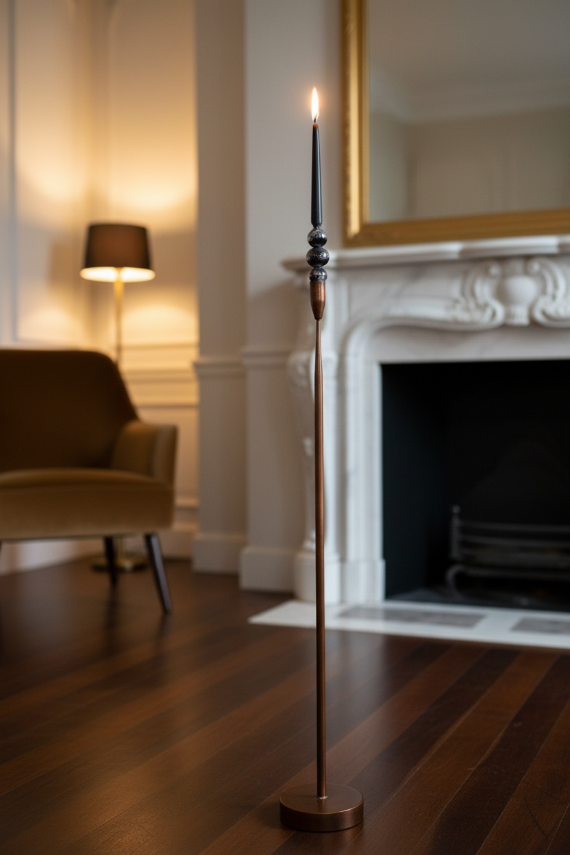 Tall candle on a stand in a room with a fireplace and chair.