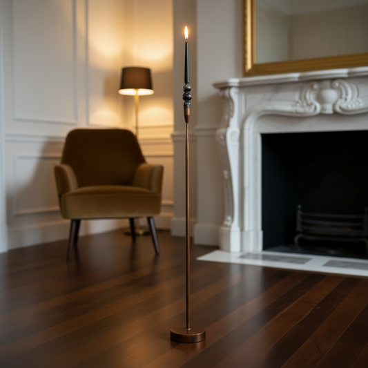 Tall floor lamp with a candle-like top in a room with a chair and fireplace.