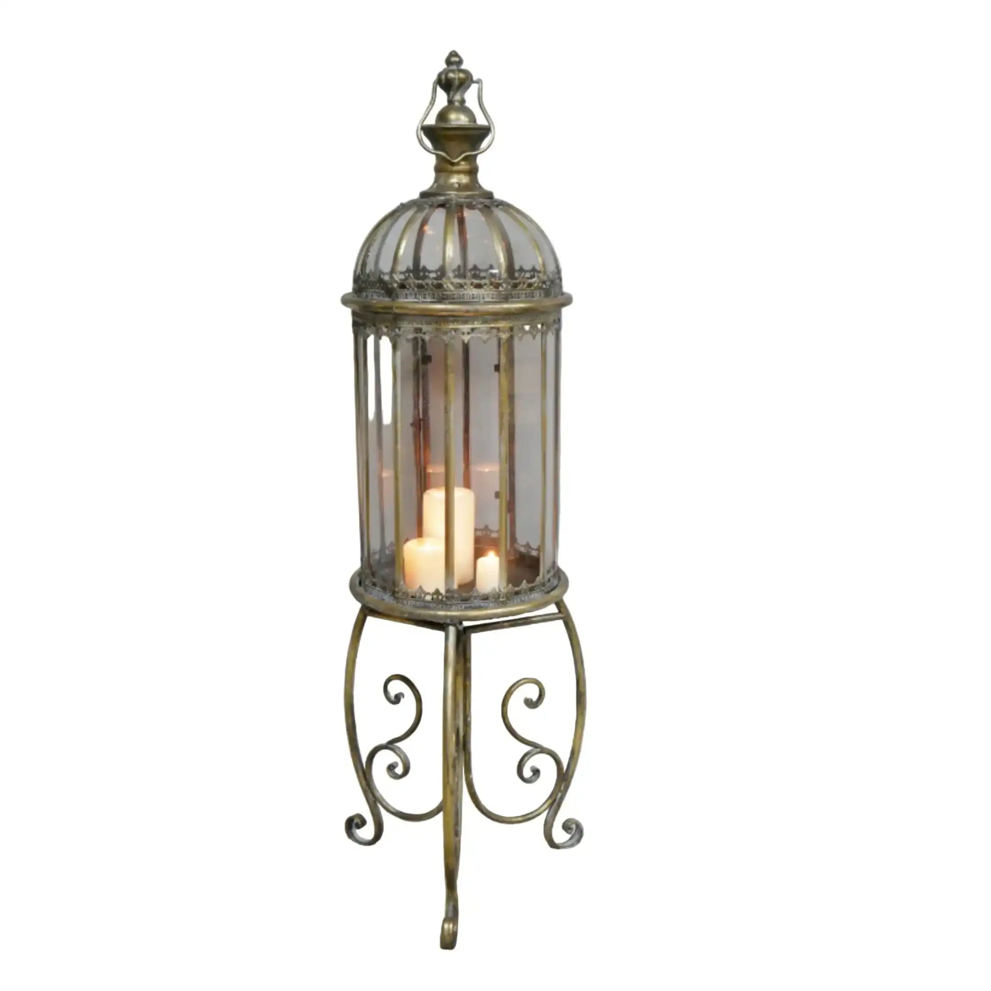 Decorative lantern with candles inside on a plain background
