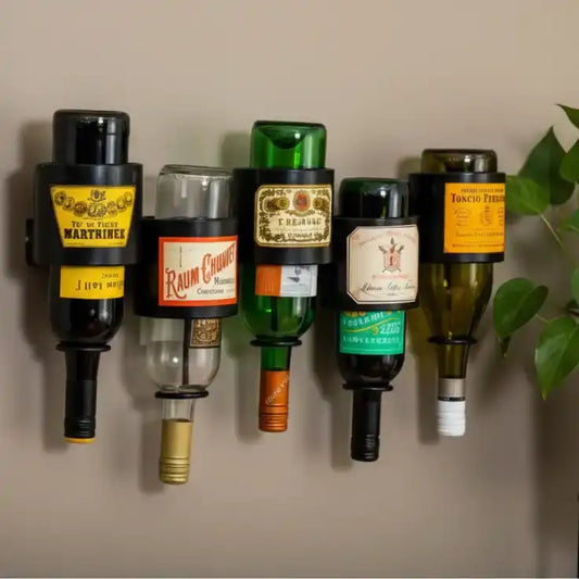Recycled wine bottles with vintage labels arranged on a wall.