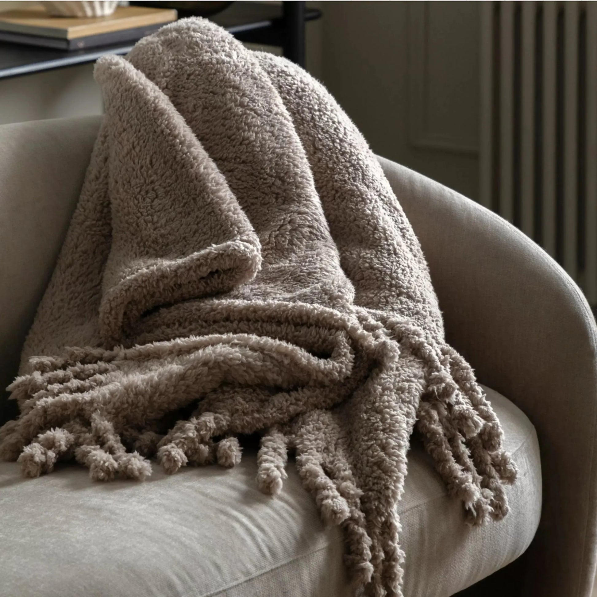 Fringed Taupe Teddy Throw 55