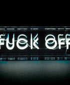 Neon sign with the word 'FUCK OFF' in a clear acrylic box on a black background
