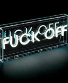 Neon sign with the word 'FUCK OFF' inside a clear acrylic box on a black background