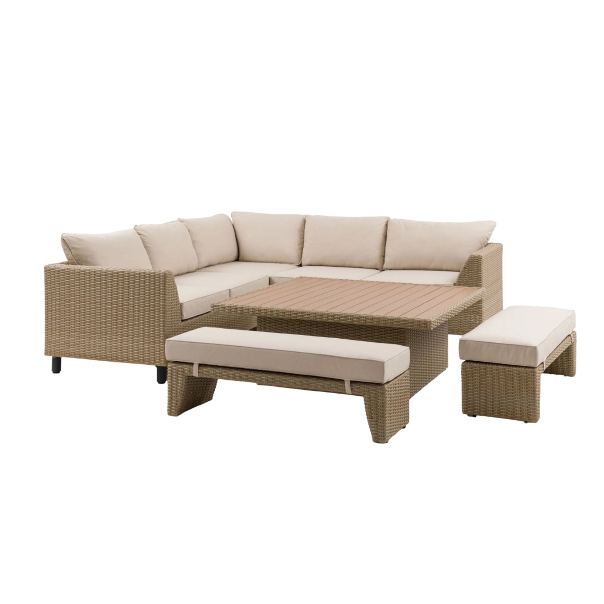 Beige outdoor sectional sofa with cushions and a coffee table on a white background