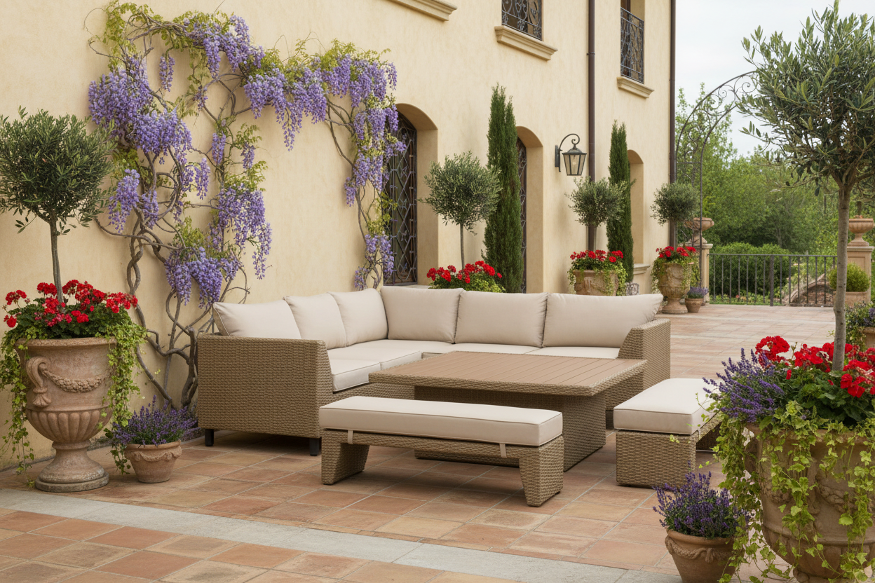 Outdoor patio with wicker sectional sofa, potted plants, and flowers.