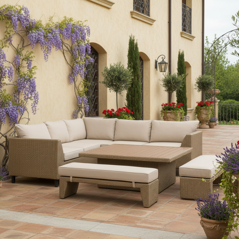 Outdoor patio furniture set with beige cushions in a garden setting.