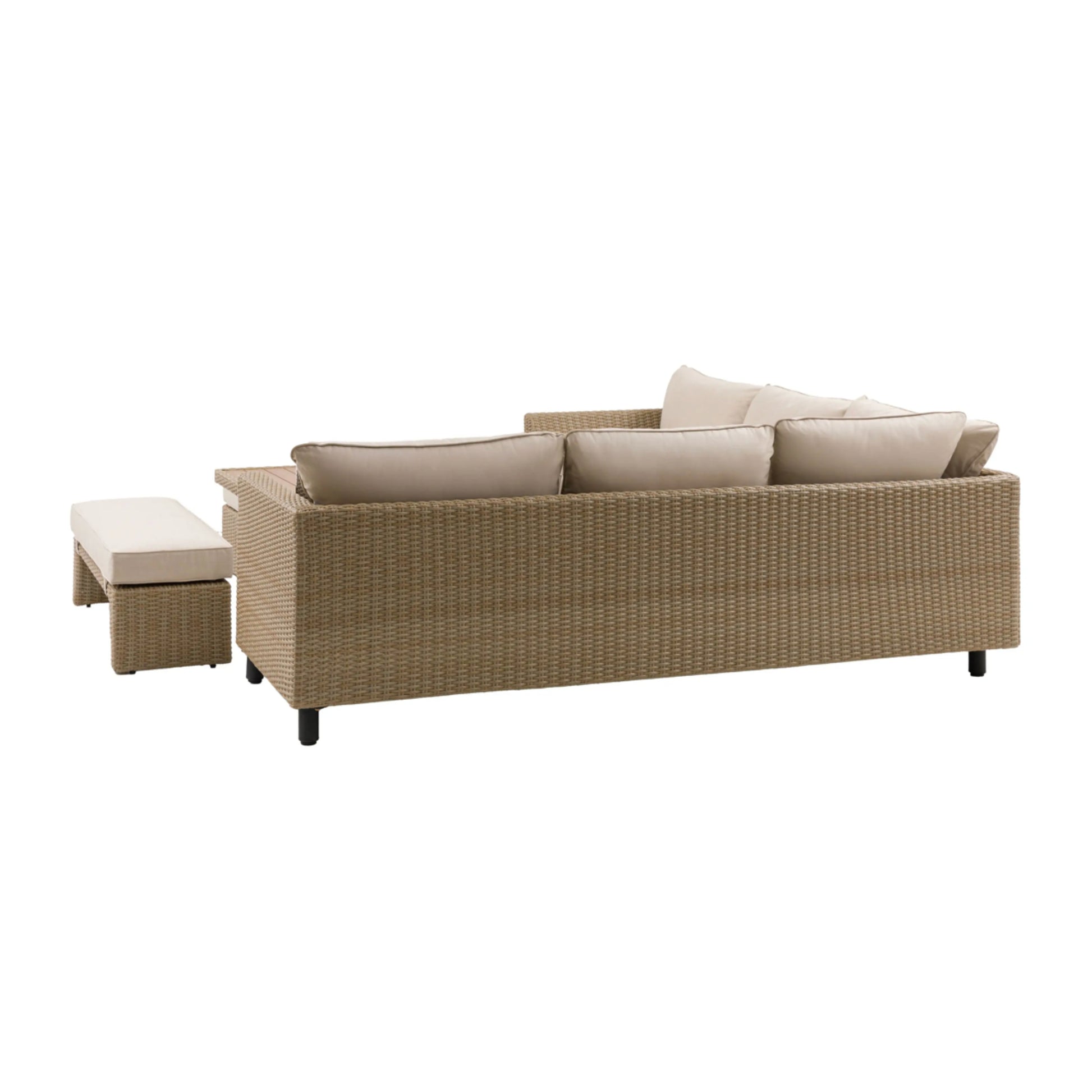 Beige outdoor sofa set with cushions on a white background