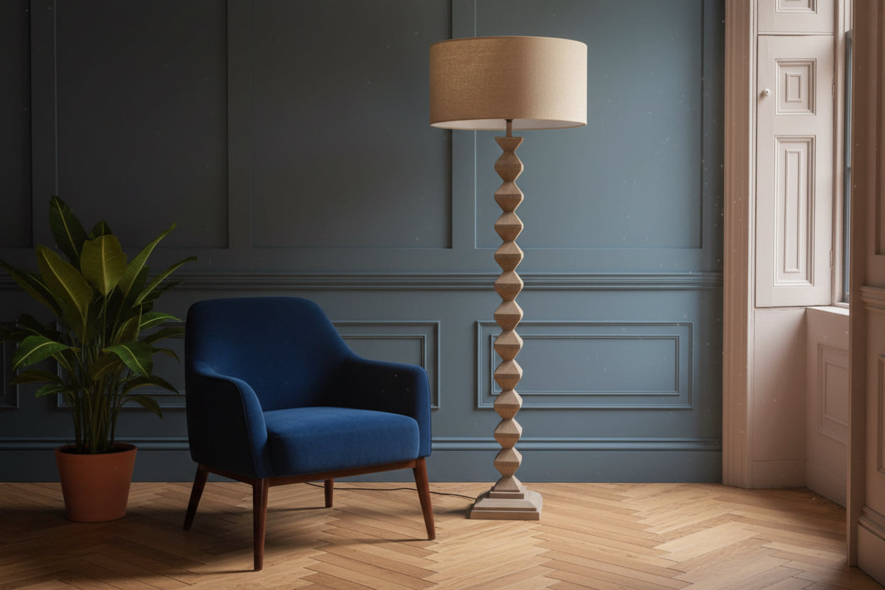 Decorative floor lamp in a room with a window and furniture