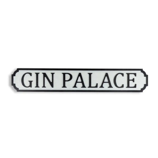 Decorative sign with 'GIN PALACE' text on a white background
