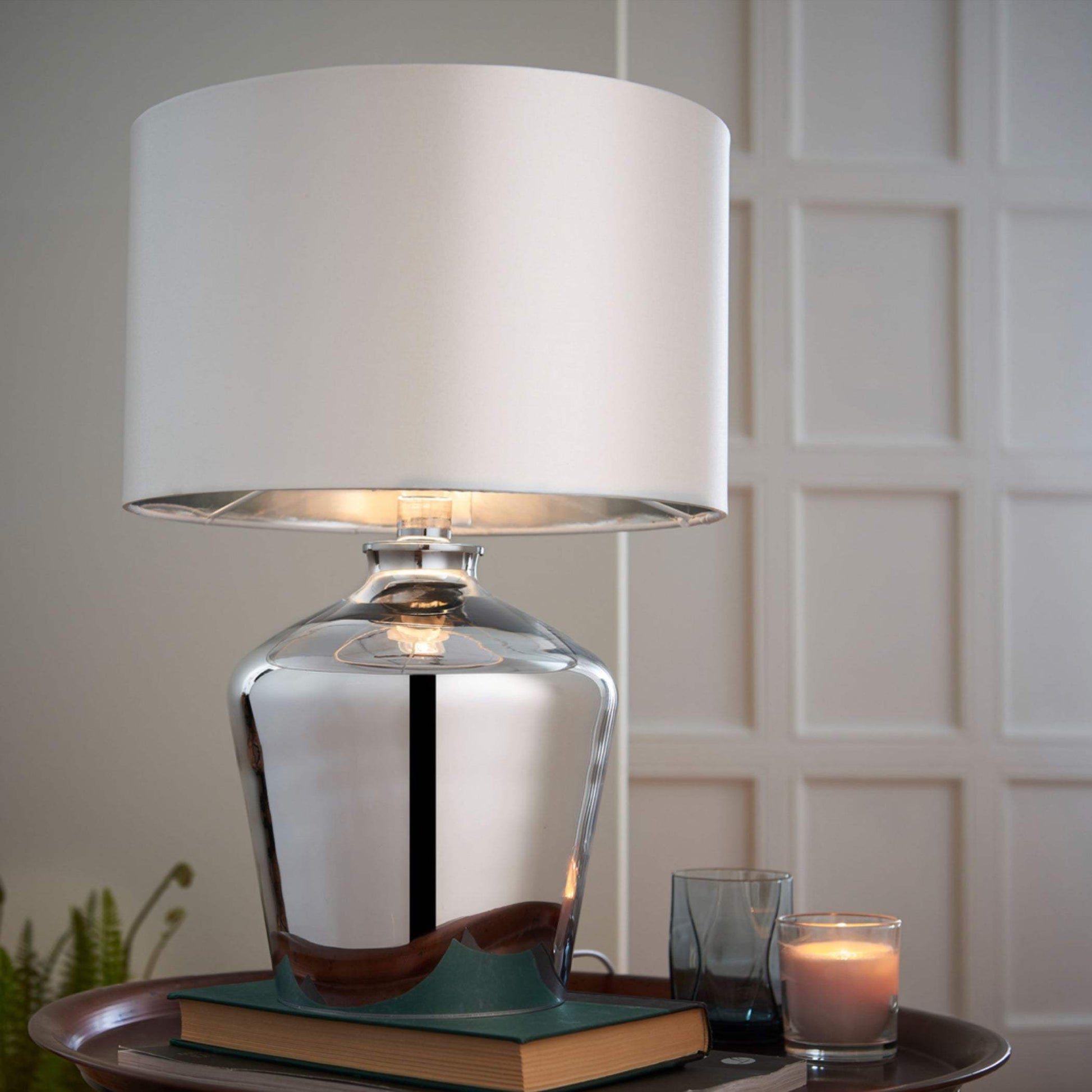 Glass High Shine Chromed Table Lamp & Shade - The Farthing