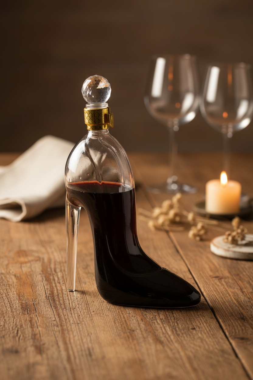 Bottle shaped like a high-heeled shoe with red liquid on a wooden surface, surrounded by wine glasses and a candle.