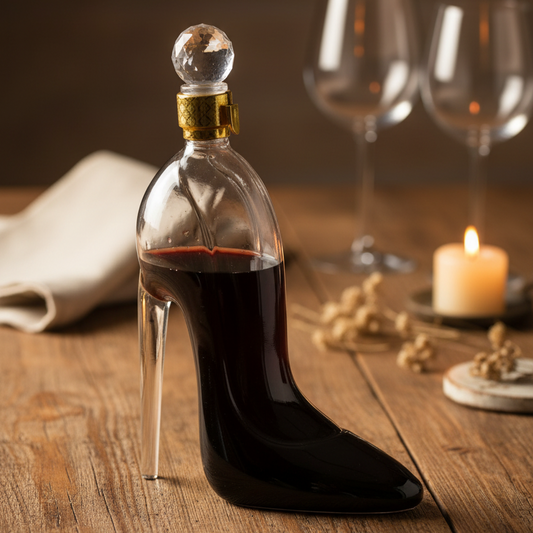 Bottle shaped like a high-heeled shoe filled with red liquid on a wooden table.