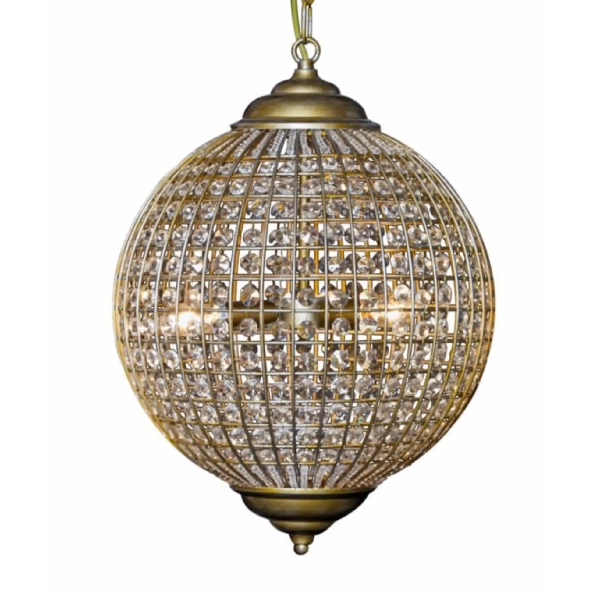 Decorative spherical chandelier with crystal accents on a white background