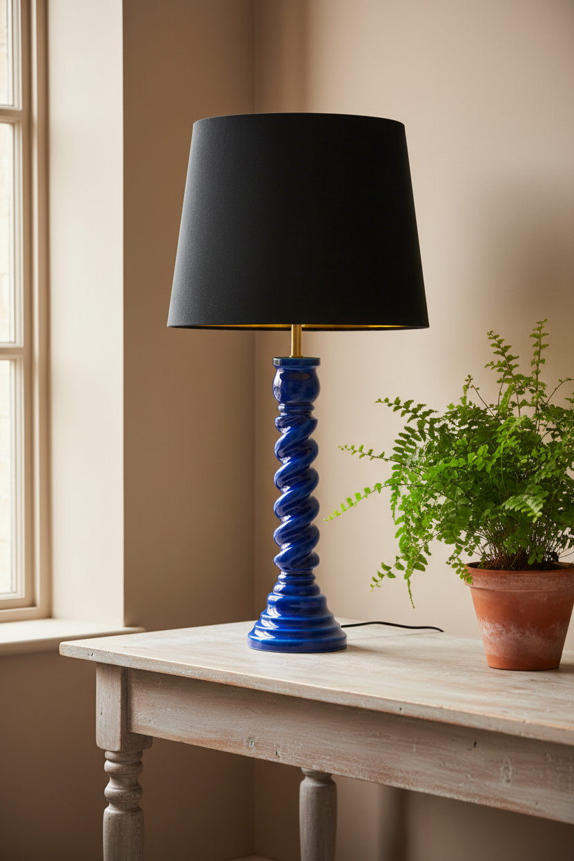 A table lamp with a glossy cobalt blue spiral base and a black drum shade, styled on a light wood table next to a potted fern.
