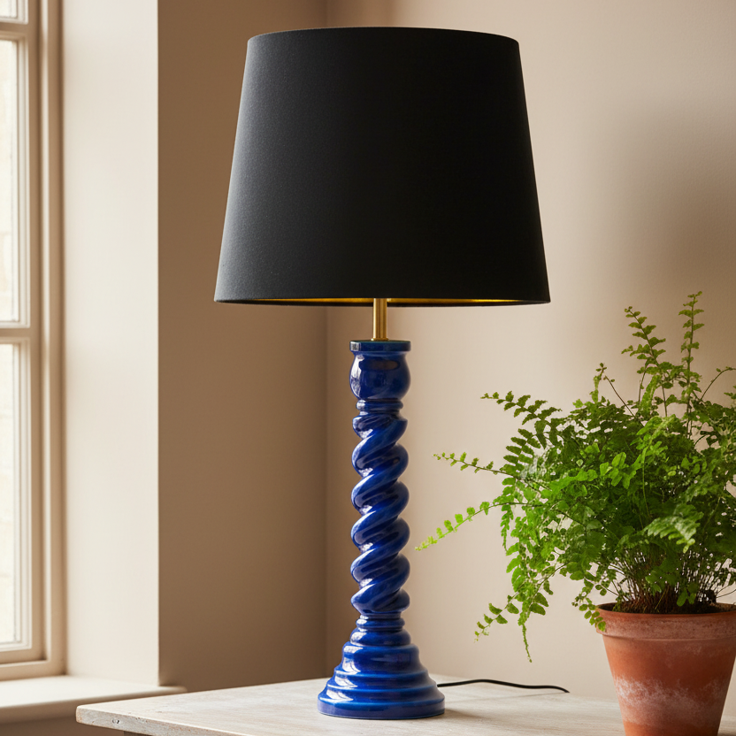 A table lamp with a black fabric drum shade and a glossy cobalt blue spiral pedestal base, shown on a tabletop next to a potted fern in a real interior setting.
